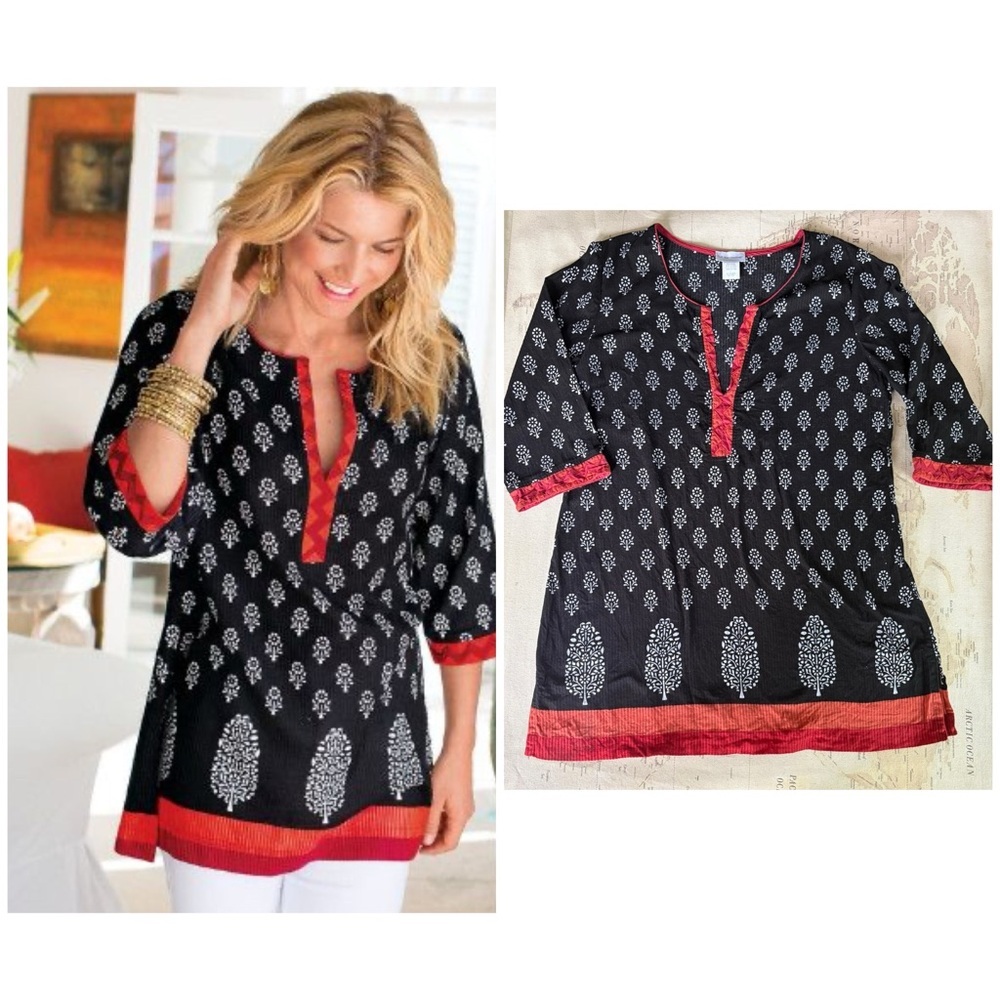 Soft Surroundings Indian Block Print Tunic Size Large Cotton Black